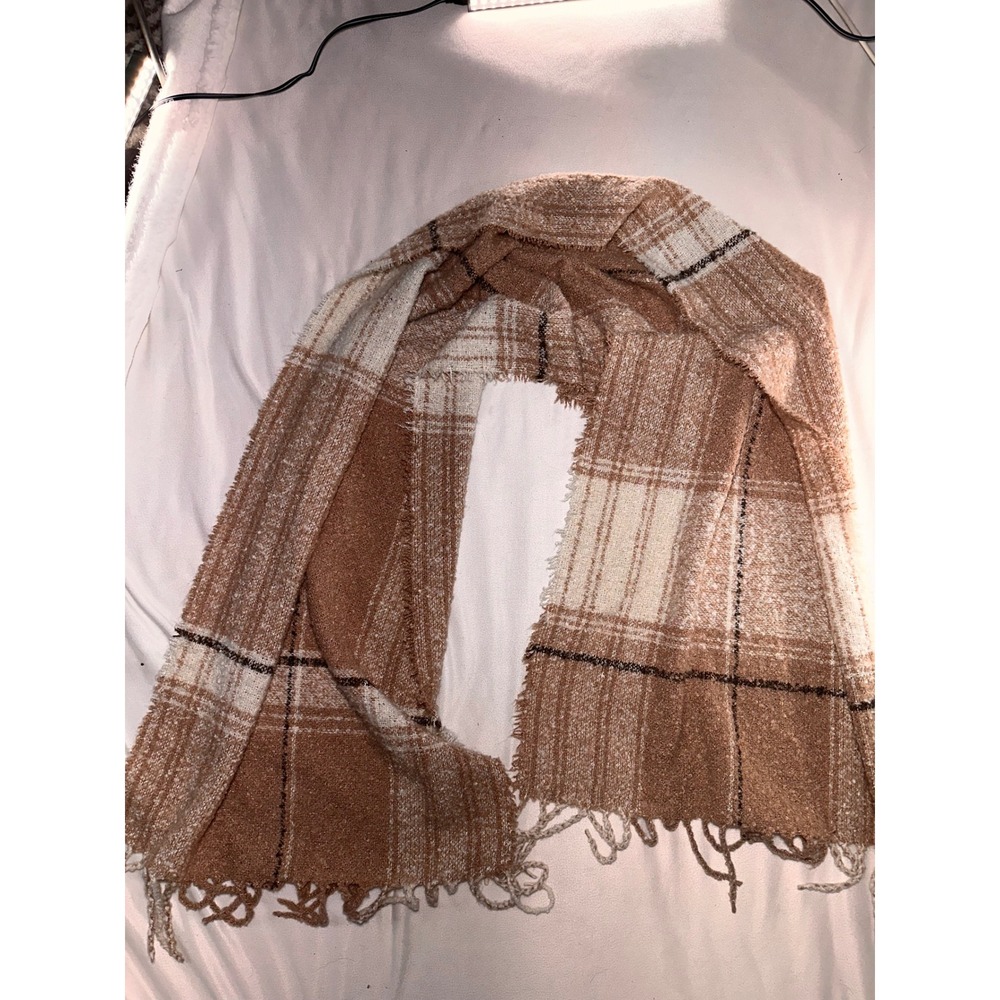 Brown Plaid Oversized Blanket Scarf Boucle Knit Fringed Shawl Wrap